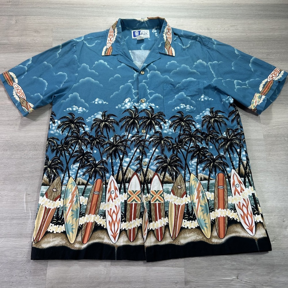 RJC Shirt Mens Large Blue Surfboard Palm Tree Hawaiian Short Sleeve Button Up